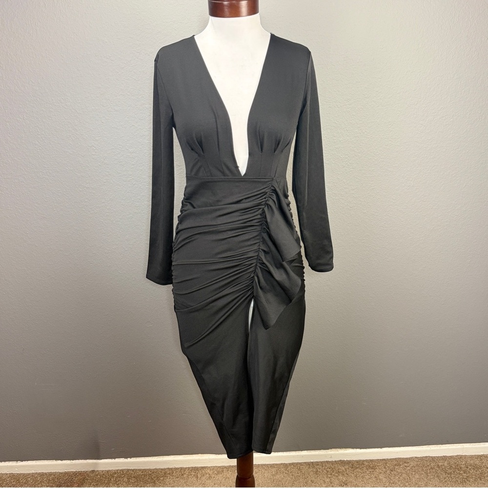 Shop Kultivate NWT Black Ruched Deep V neck Long sleeve Dress Sz S Evening Party